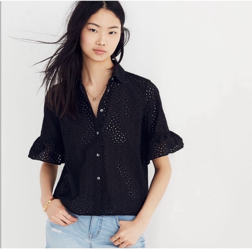 Madewell Black Eyelet Floral Village Ruffle Sleeve Top LARGE